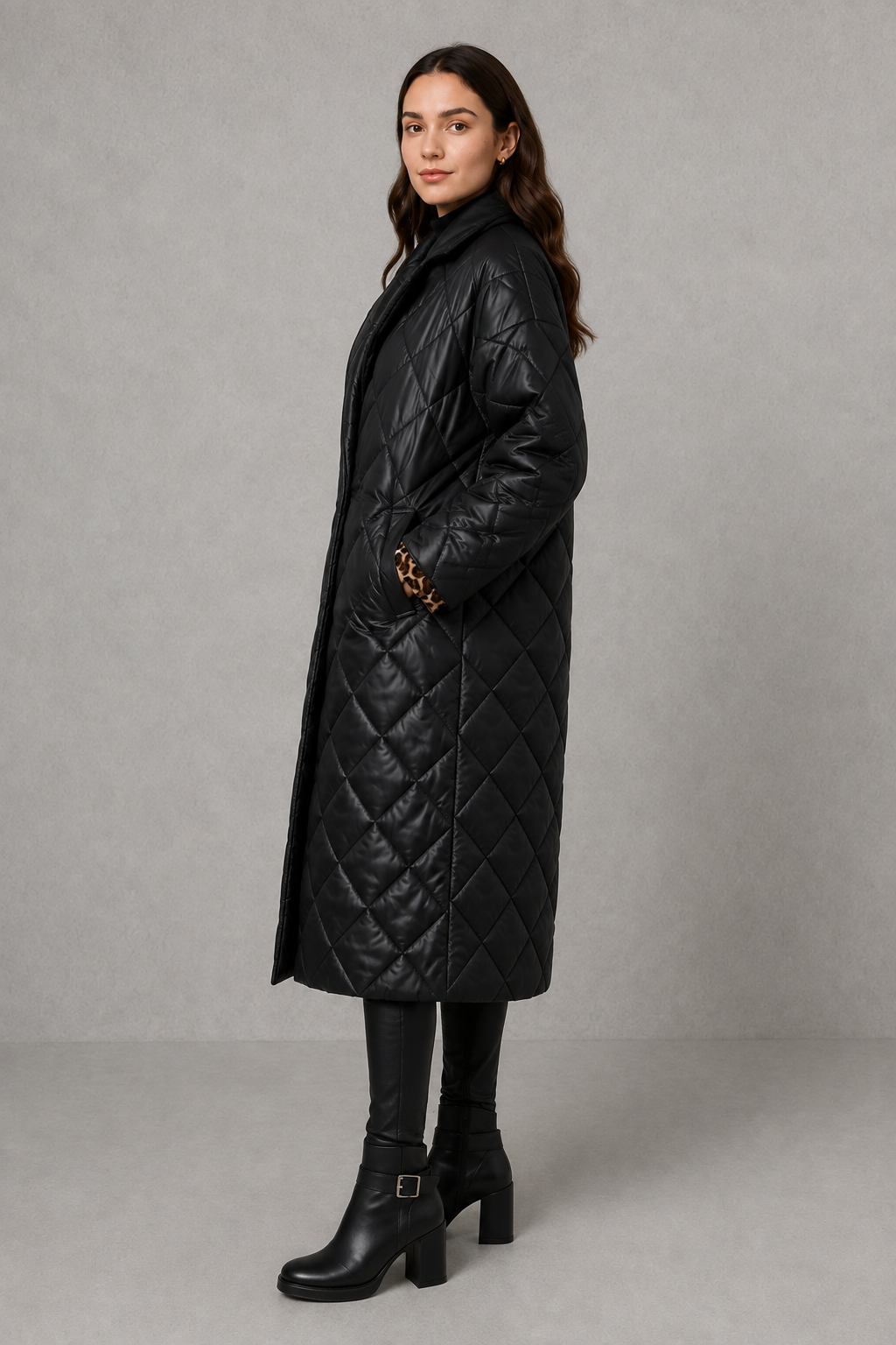 Women’s reversible quilted leopard coat with a 2-in-1 design, lightweight padding, classic lapel, hidden snap closures, and practical side pockets.