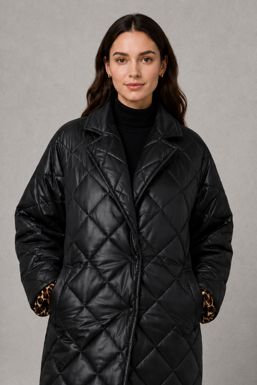 Women’s reversible quilted leopard coat with a 2-in-1 design, lightweight padding, classic lapel, hidden snap closures, and practical side pockets.