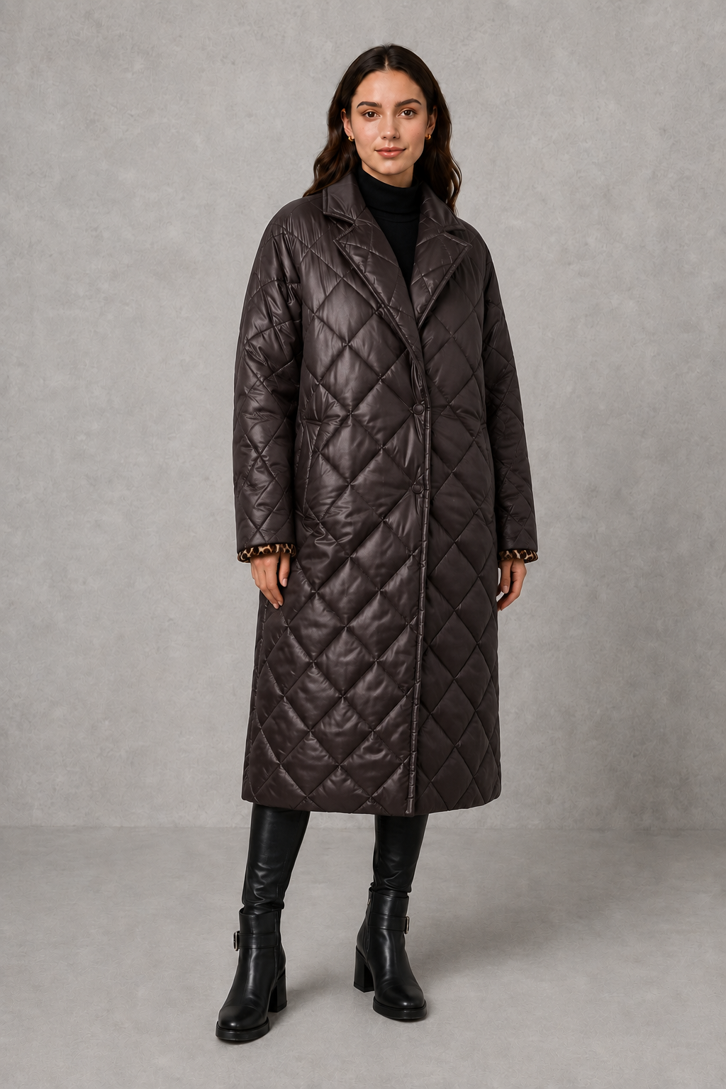 Women’s reversible quilted leopard coat with a 2-in-1 design, lightweight padding, classic lapel, hidden snap closures, and practical side pockets.