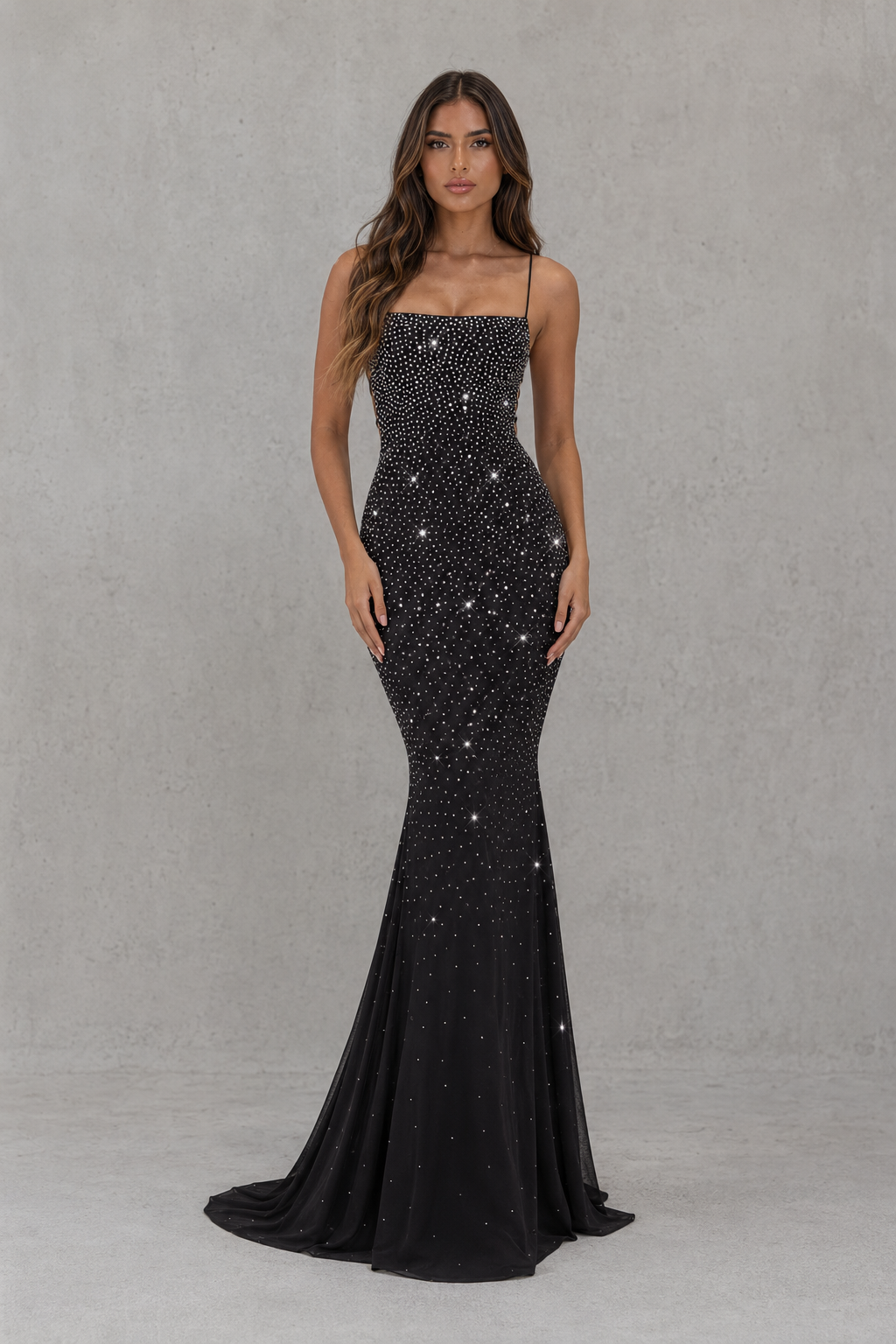 Women’s rhinestone embellished maxi dress with square neckline, delicate straps, lace-up open back and elegant fit-and-flare silhouette.