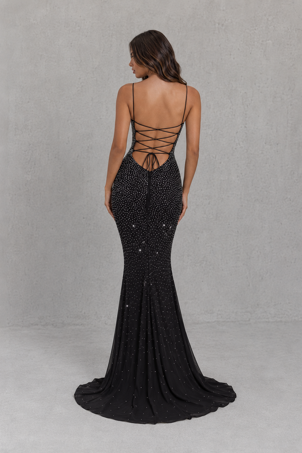 Women’s rhinestone embellished maxi dress with square neckline, delicate straps, lace-up open back and elegant fit-and-flare silhouette.