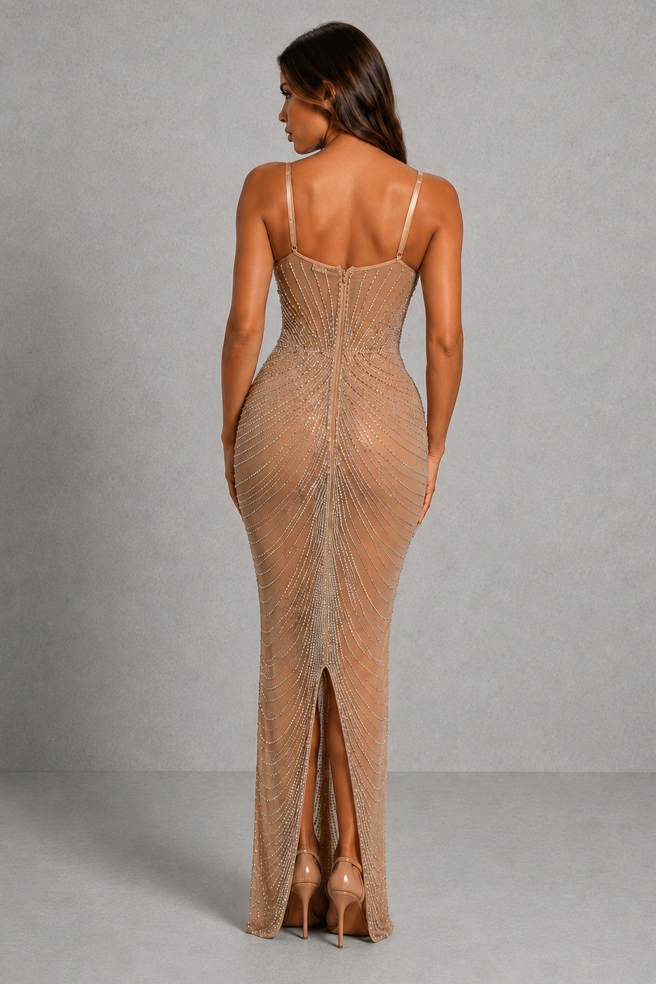 Women’s rhinestone mesh bodycon maxi dress with sparkling embellishments, delicate spaghetti straps and a fitted floor-length silhouette.