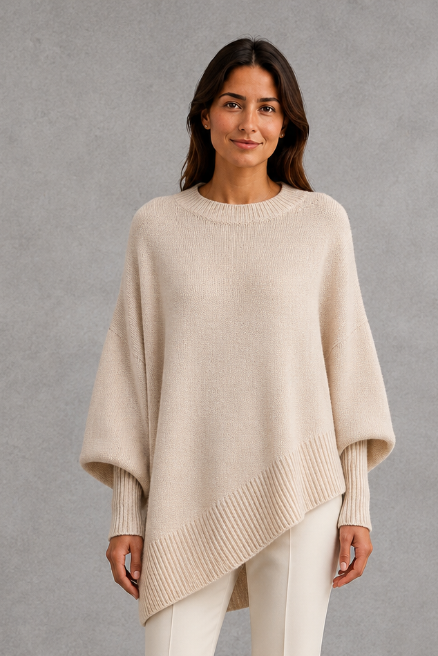 Women’s ribbed mock neck sweater with long sleeves, a relaxed softly draped silhouette and classic solid-color knitted design.