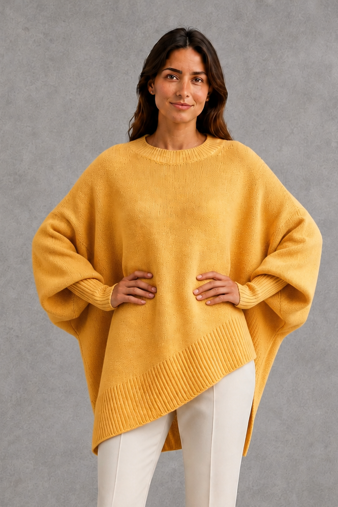 Women’s ribbed mock neck sweater with long sleeves, a relaxed softly draped silhouette and classic solid-color knitted design.