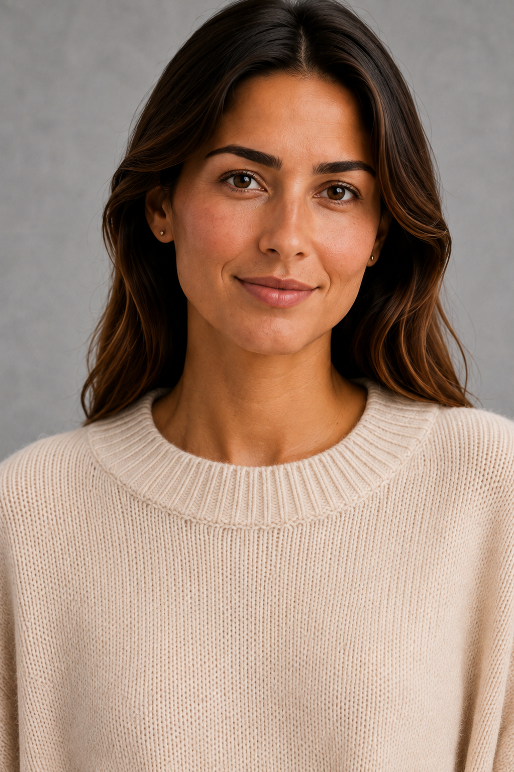 Women’s ribbed mock neck sweater with long sleeves, a relaxed softly draped silhouette and classic solid-color knitted design.