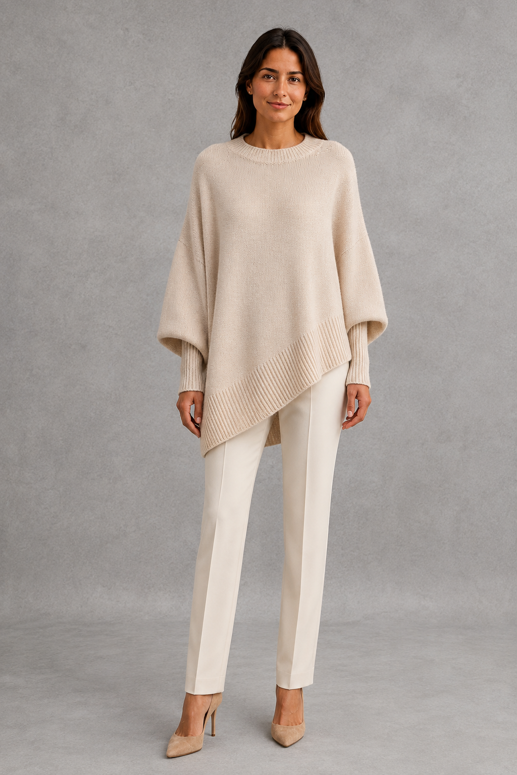 Women’s ribbed mock neck sweater with long sleeves, a relaxed softly draped silhouette and classic solid-color knitted design.