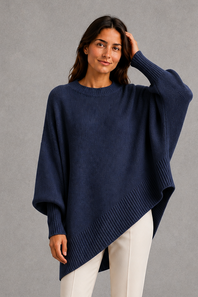 Women’s ribbed mock neck sweater with long sleeves, a relaxed softly draped silhouette and classic solid-color knitted design.
