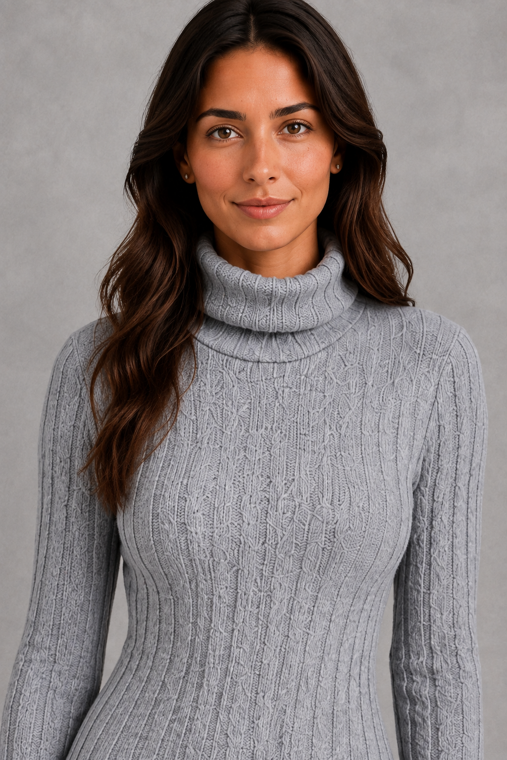 Women’s ribbed turtleneck mini dress with long sleeves, vertical knit detailing and a fitted figure-skimming silhouette for cold-weather styling.