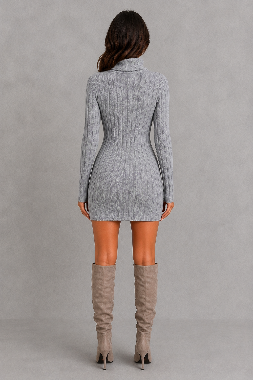 Women’s ribbed turtleneck mini dress with long sleeves, vertical knit detailing and a fitted figure-skimming silhouette for cold-weather styling.