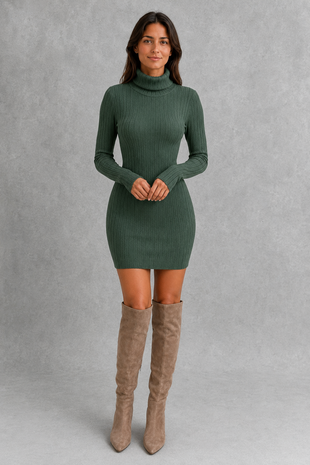 Women’s ribbed turtleneck mini dress with long sleeves, vertical knit detailing and a fitted figure-skimming silhouette for cold-weather styling.