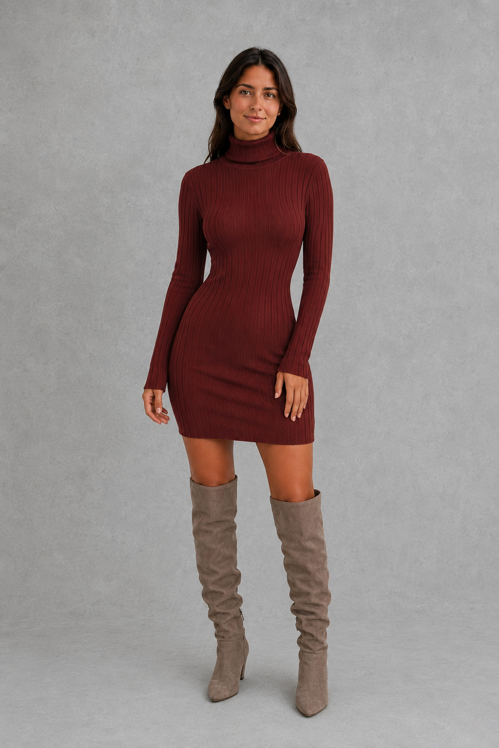 Women’s ribbed turtleneck mini dress with long sleeves, vertical knit detailing and a fitted figure-skimming silhouette for cold-weather styling.