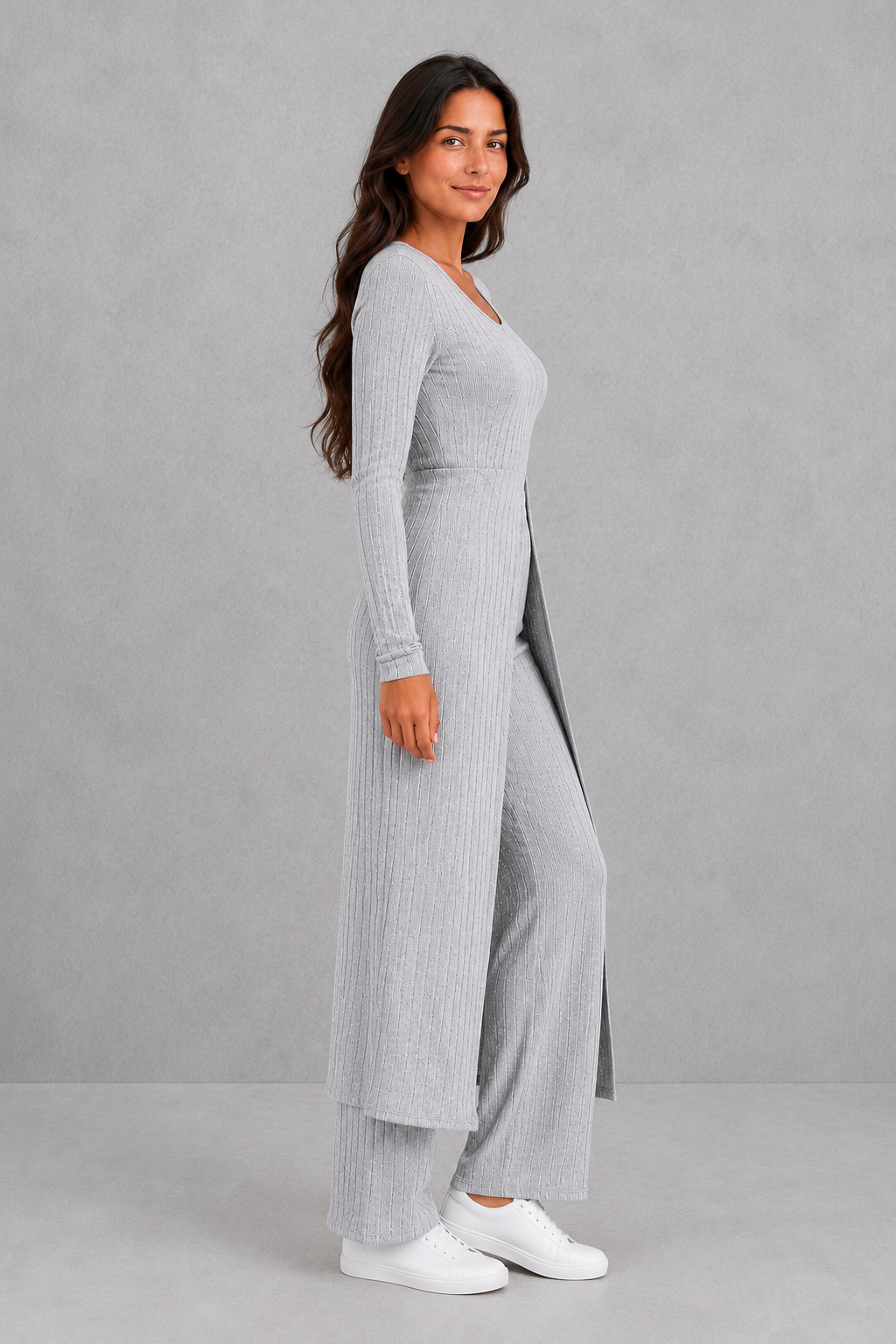 Women’s ribbed two-piece lounge set featuring a fitted long-sleeve top with a flowing longline overlay and matching high-waisted leggings.