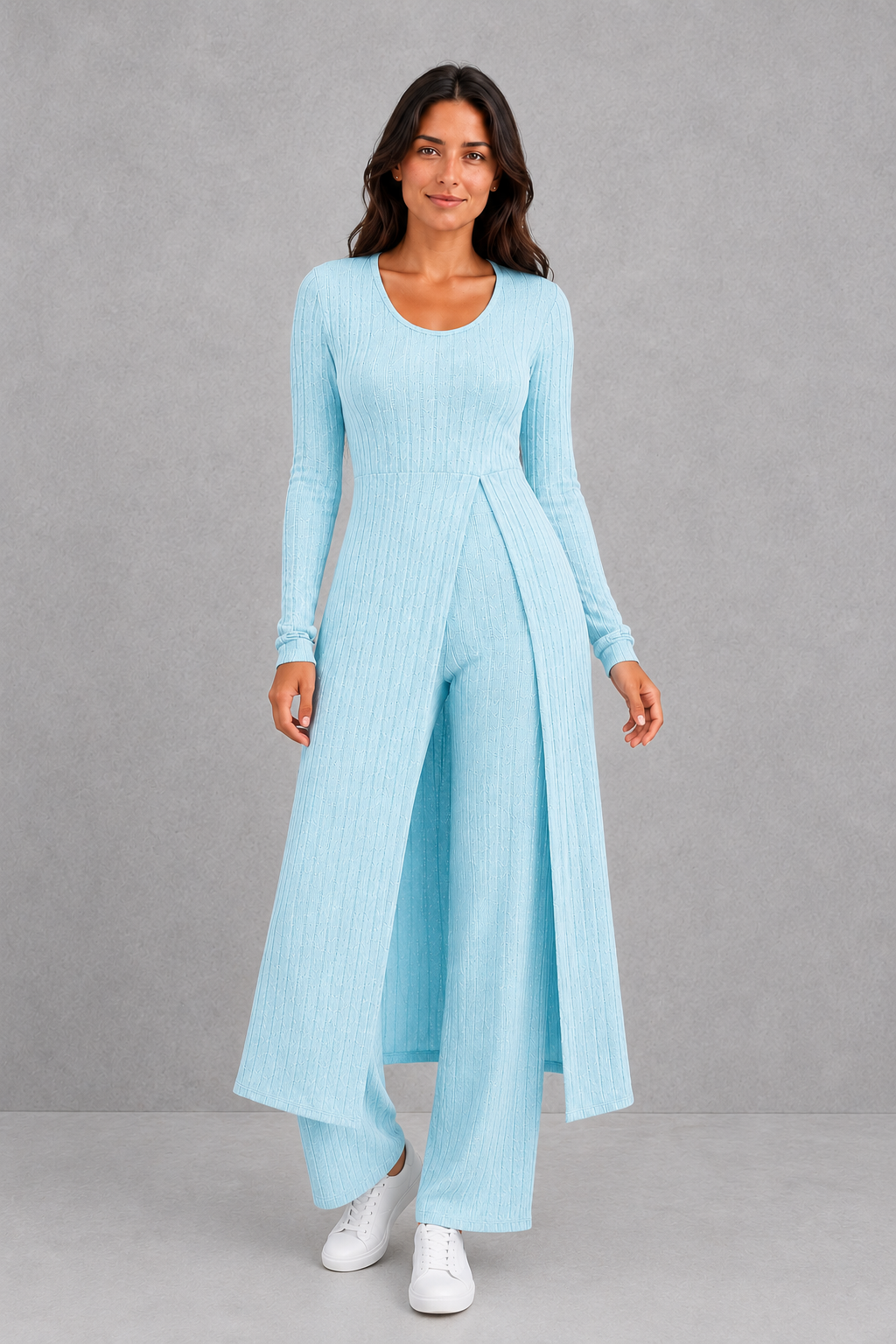 Women’s ribbed two-piece lounge set featuring a fitted long-sleeve top with a flowing longline overlay and matching high-waisted leggings.