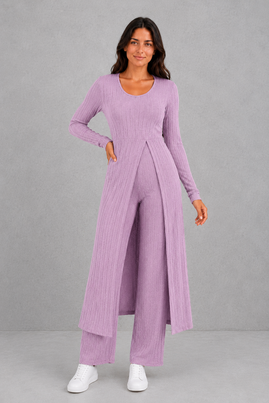 Women’s ribbed two-piece lounge set featuring a fitted long-sleeve top with a flowing longline overlay and matching high-waisted leggings.