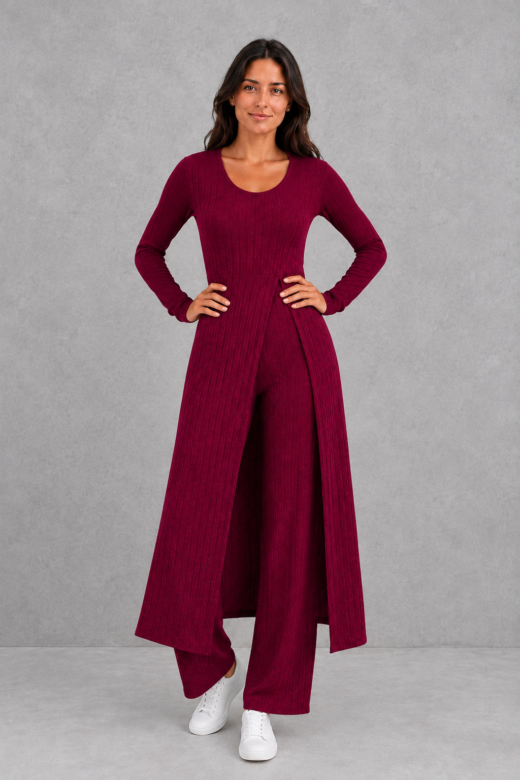 Women’s ribbed two-piece lounge set featuring a fitted long-sleeve top with a flowing longline overlay and matching high-waisted leggings.
