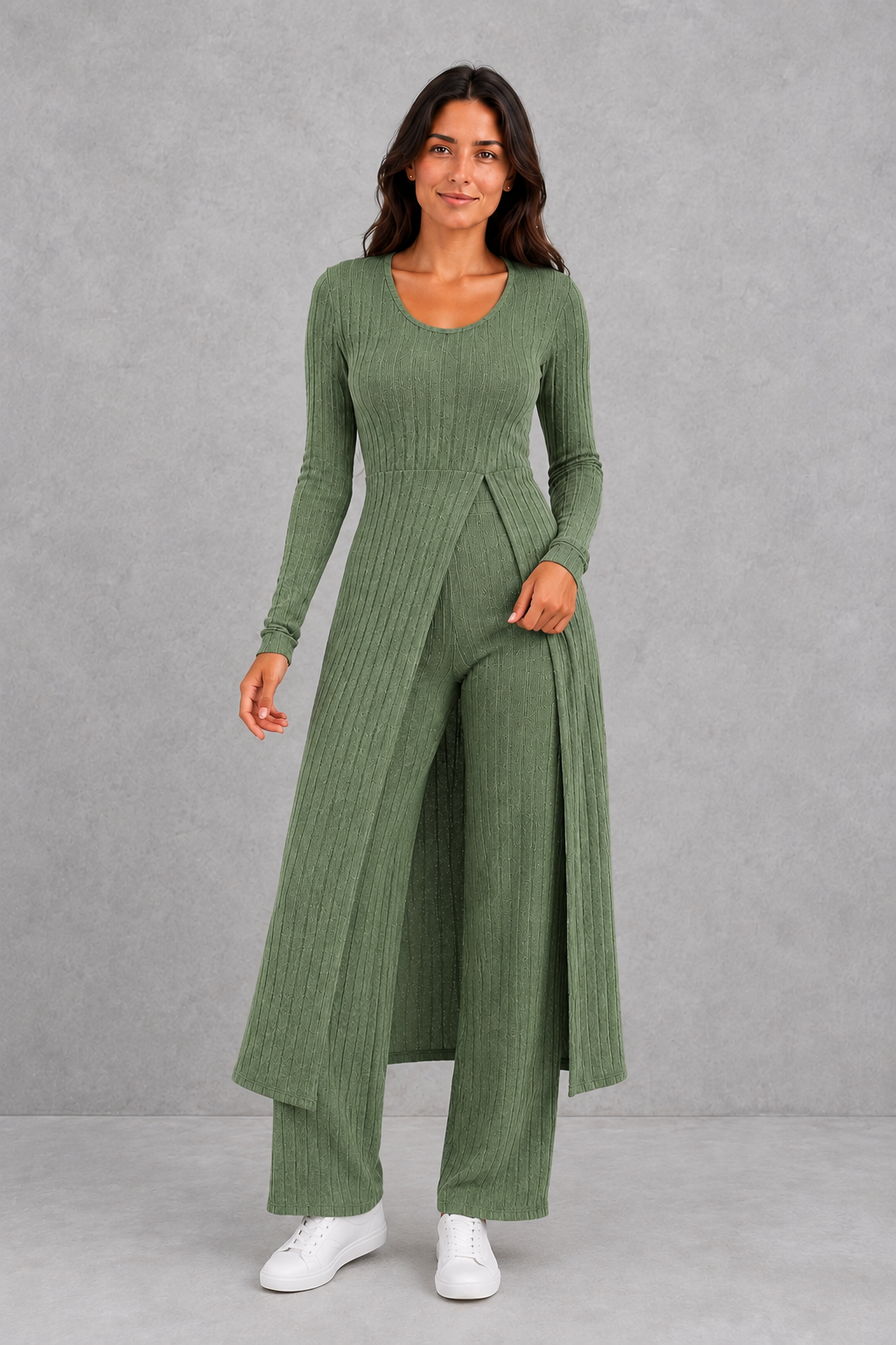Women’s ribbed two-piece lounge set featuring a fitted long-sleeve top with a flowing longline overlay and matching high-waisted leggings.
