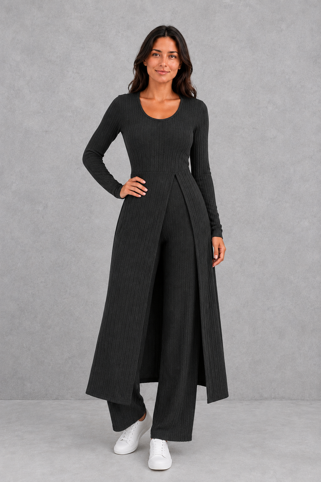 Women’s ribbed two-piece lounge set featuring a fitted long-sleeve top with a flowing longline overlay and matching high-waisted leggings.