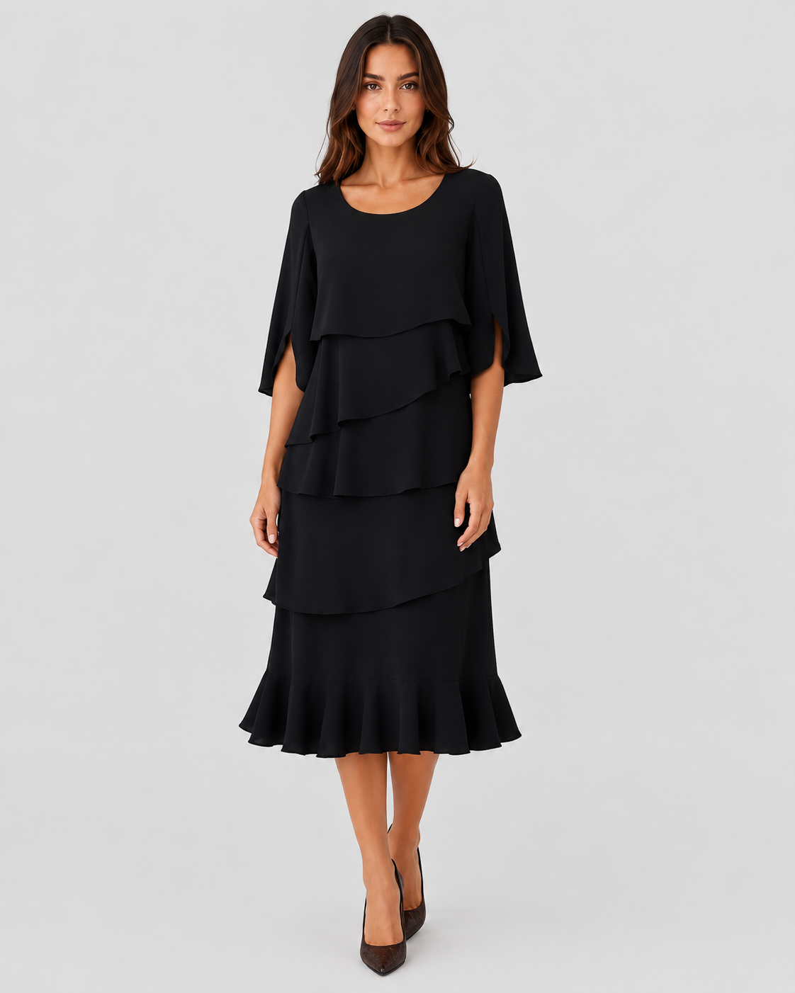 Women's ruffle casual midi dress featuring a flattering A-line silhouette, soft ruffle details, and lightweight cotton-blend fabric for comfortable everyday wear.