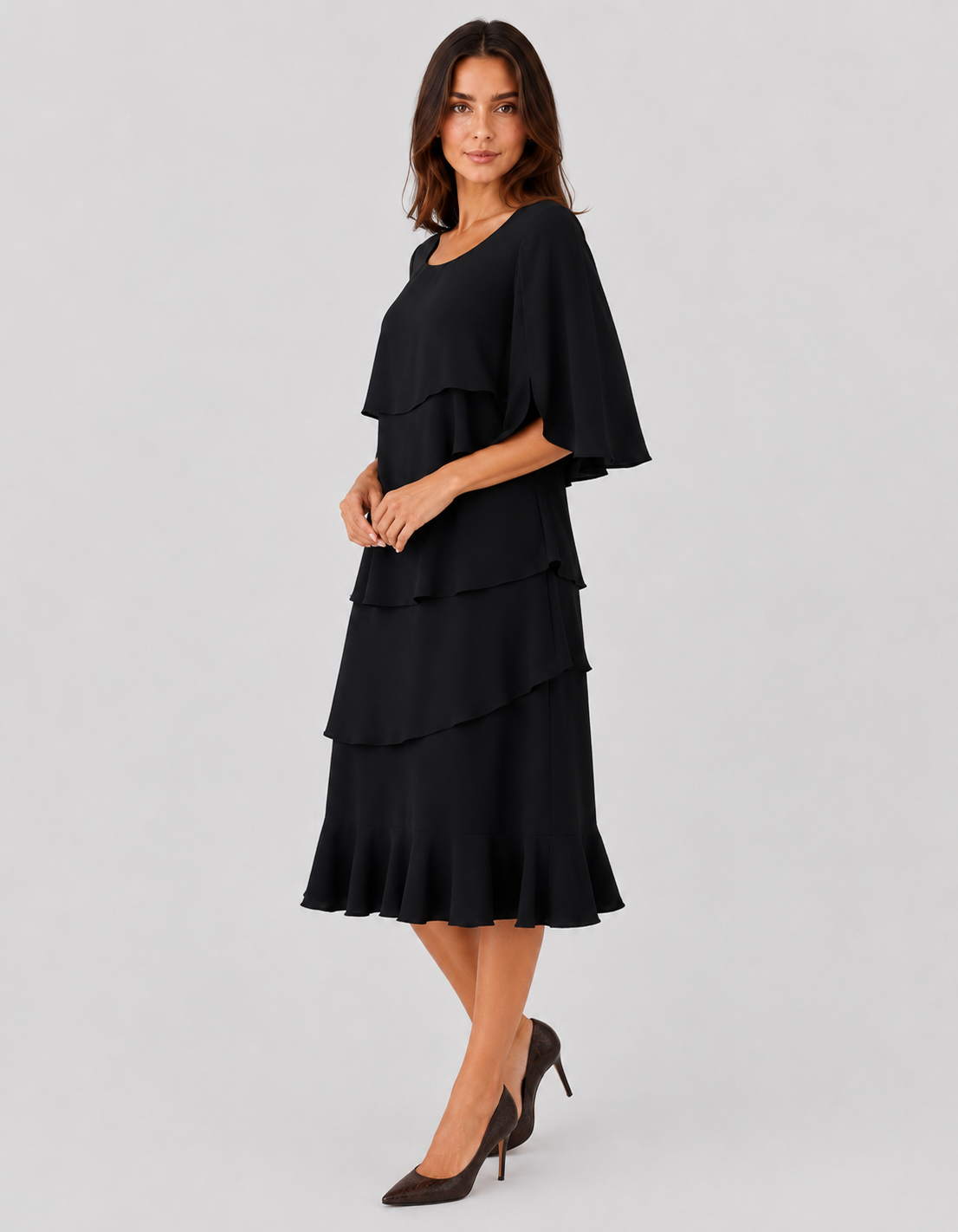 Women's ruffle casual midi dress featuring a flattering A-line silhouette, soft ruffle details, and lightweight cotton-blend fabric for comfortable everyday wear.