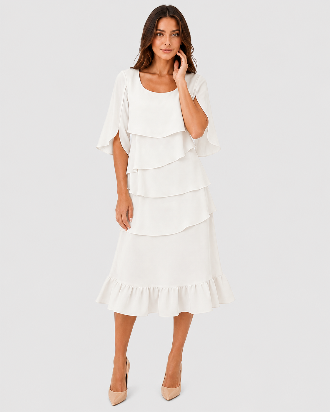 Women's ruffle casual midi dress featuring a flattering A-line silhouette, soft ruffle details, and lightweight cotton-blend fabric for comfortable everyday wear.