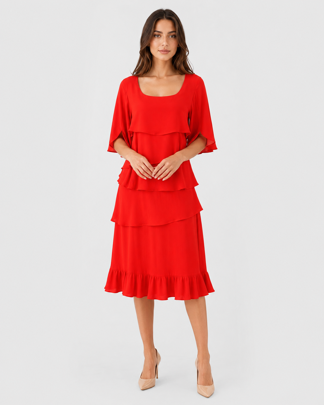 Women's ruffle casual midi dress featuring a flattering A-line silhouette, soft ruffle details, and lightweight cotton-blend fabric for comfortable everyday wear.