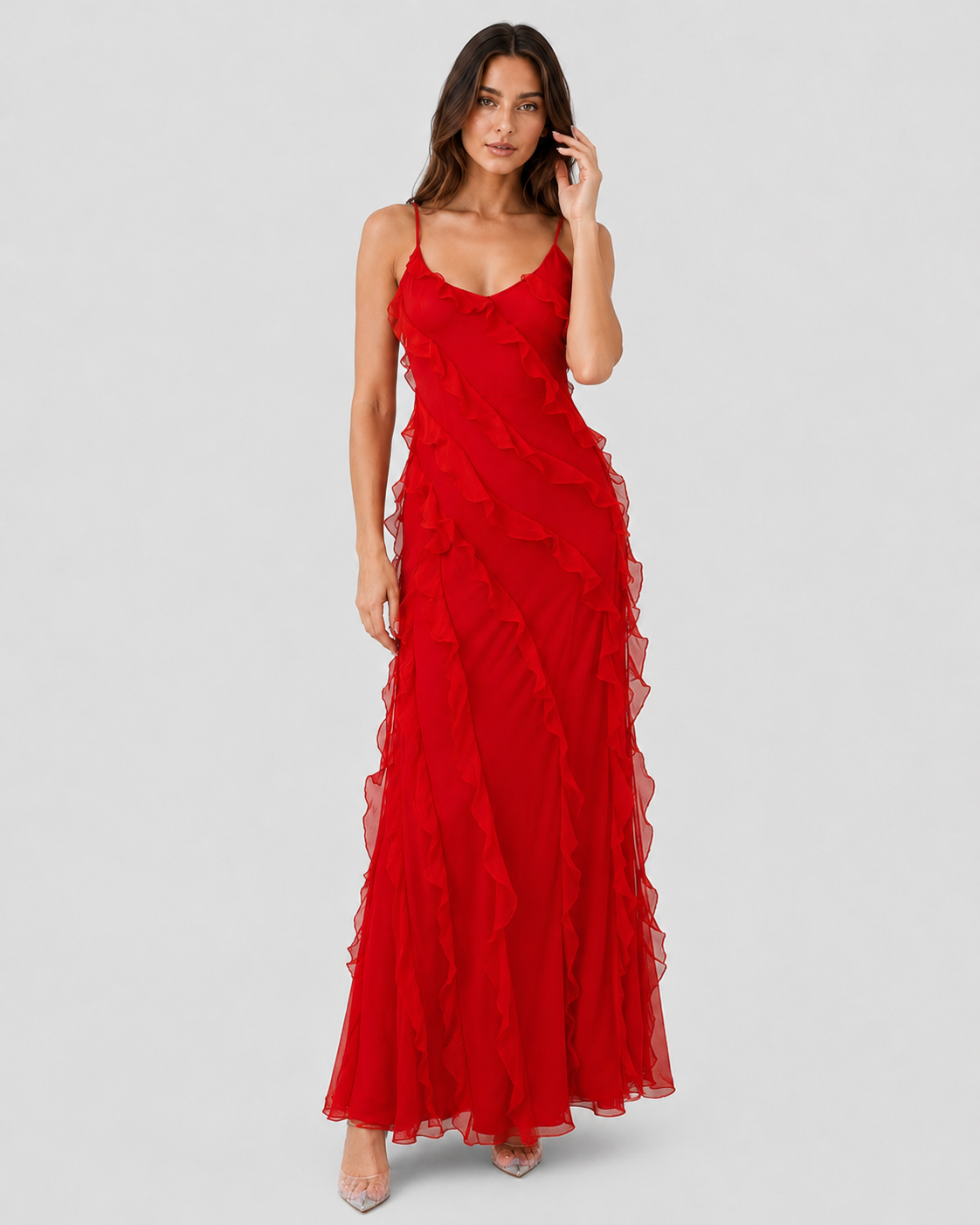 Women's flowy ruffle maxi dress with a relaxed fit, subtle waist shaping, and lightweight breathable fabric for comfortable everyday wear.
