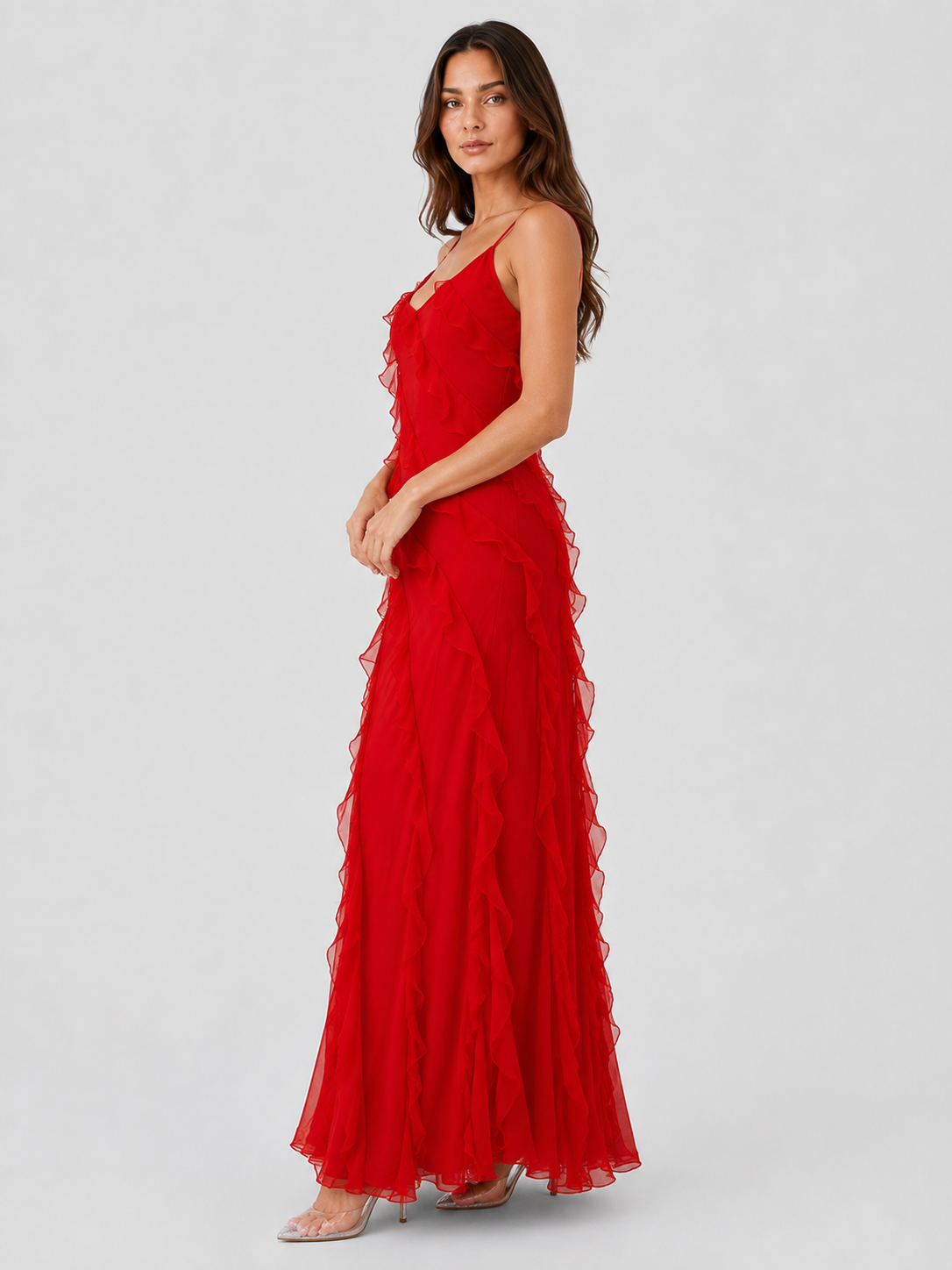 Women's flowy ruffle maxi dress with a relaxed fit, subtle waist shaping, and lightweight breathable fabric for comfortable everyday wear.