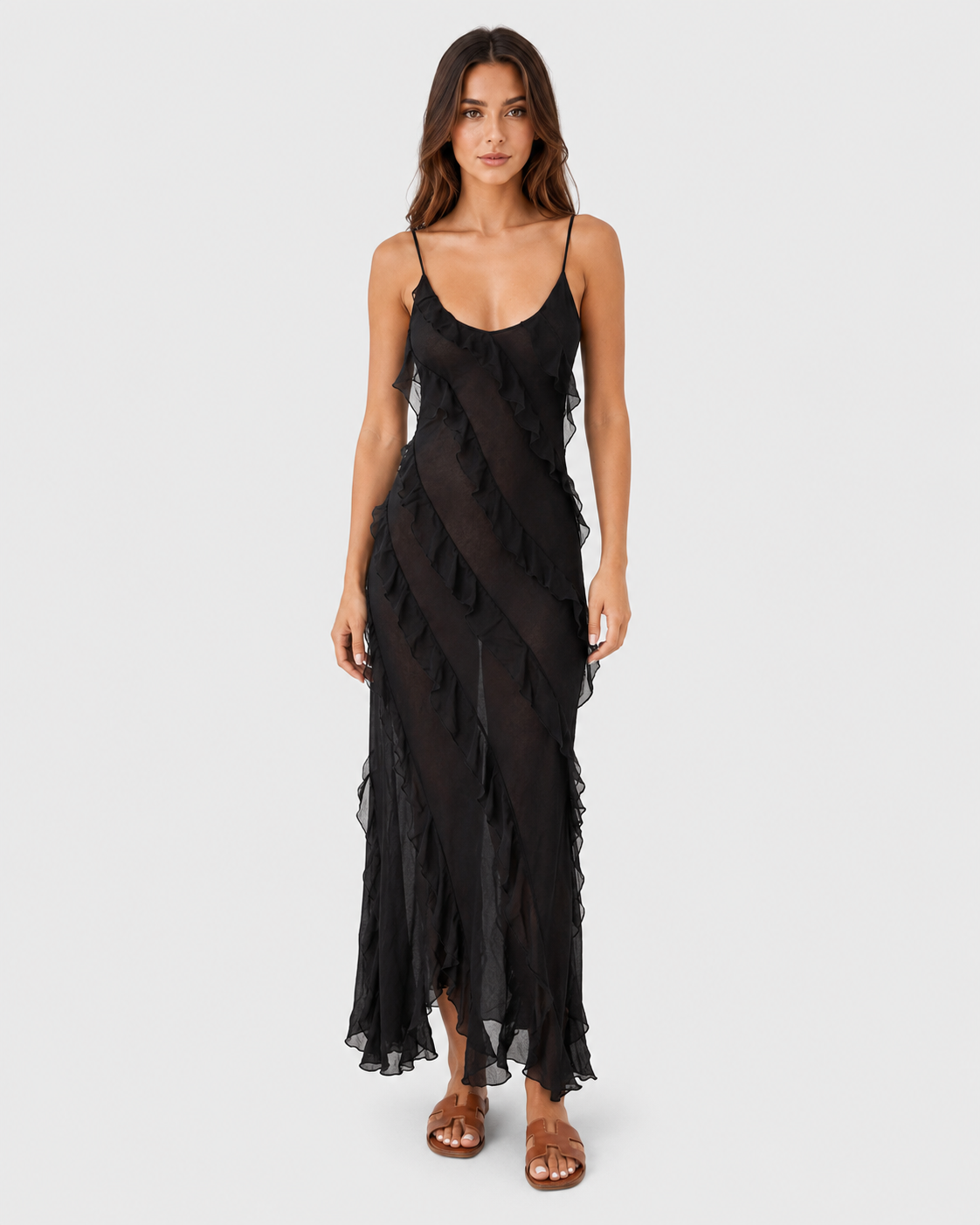 Women's flowy ruffle maxi dress with a relaxed fit, subtle waist shaping, and lightweight breathable fabric for comfortable everyday wear.