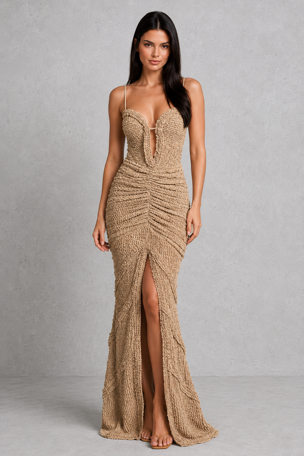 Women's ruffle maxi dress featuring a deep plunge keyhole neckline, ruched waist and hips, adjustable shoulder straps, cascading ruffle trim, thigh-high split, and a fitted silhouette in textured stretch fabric, perfect for evening events, formal occasions, and special celebrations.
