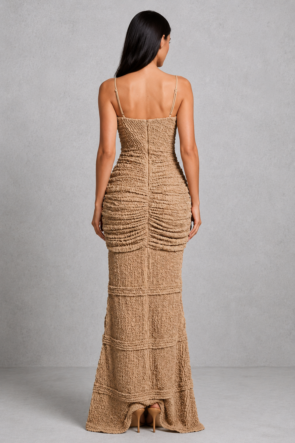 Women's ruffle maxi dress featuring a deep plunge keyhole neckline, ruched waist and hips, adjustable shoulder straps, cascading ruffle trim, thigh-high split, and a fitted silhouette in textured stretch fabric, perfect for evening events, formal occasions, and special celebrations.