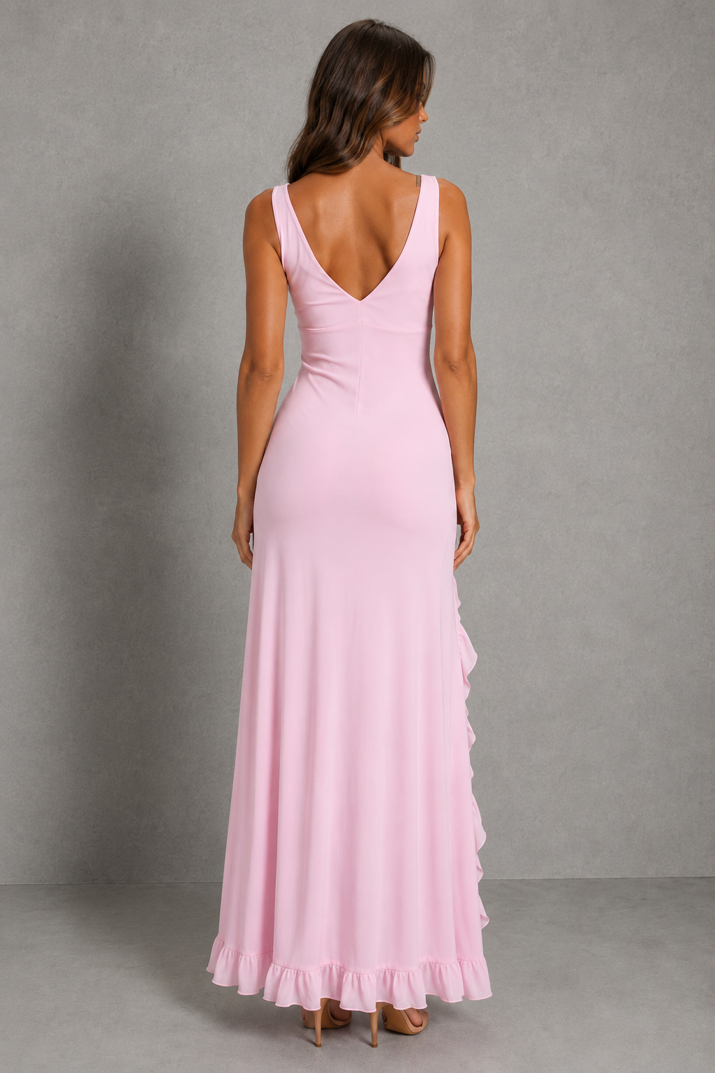 Women’s ruffle split maxi dress with V-neckline, open back, cascading ruffle trim, thigh-high split and figure-skimming silhouette.