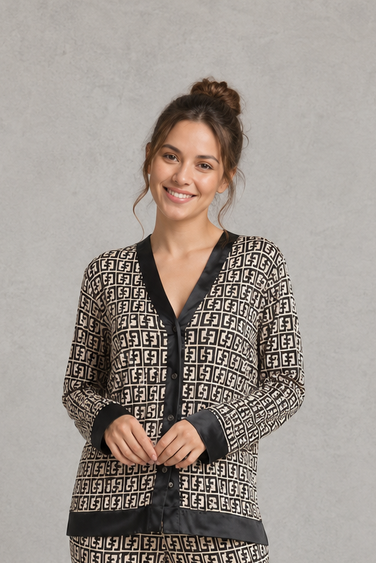 Women’s satin 2-piece pajama set with a geometric print, long-sleeve button-up V-neck top, and matching full-length pajama pants.