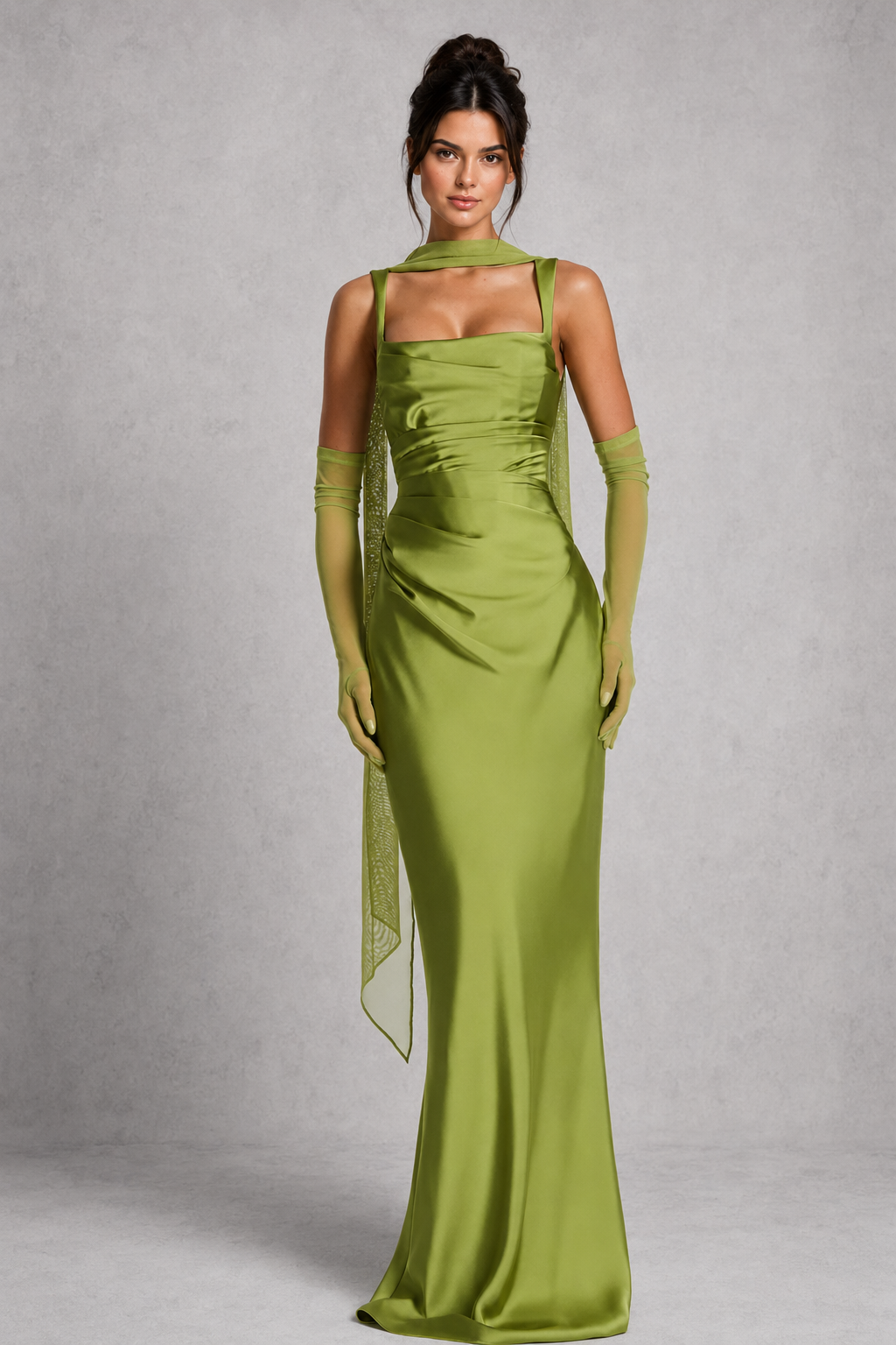 Women's satin maxi dress featuring a structured corset bodice, square neckline, asymmetric pleated detailing, adjustable shoulder straps, and a flowing full-length skirt with a lace-up back, designed for elegant evening events and formal occasions.