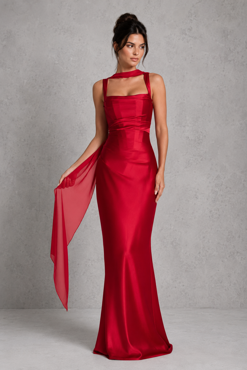 Women's satin maxi dress featuring a structured corset bodice, square neckline, asymmetric pleated detailing, adjustable shoulder straps, and a flowing full-length skirt with a lace-up back, designed for elegant evening events and formal occasions.