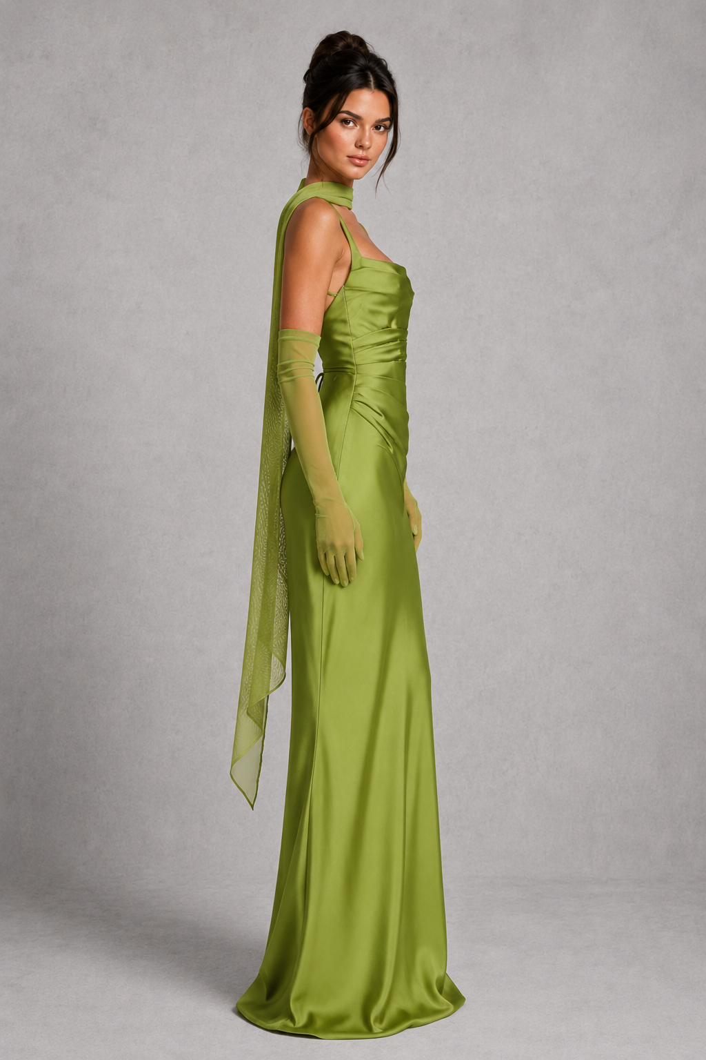 Women's satin maxi dress featuring a structured corset bodice, square neckline, asymmetric pleated detailing, adjustable shoulder straps, and a flowing full-length skirt with a lace-up back, designed for elegant evening events and formal occasions.