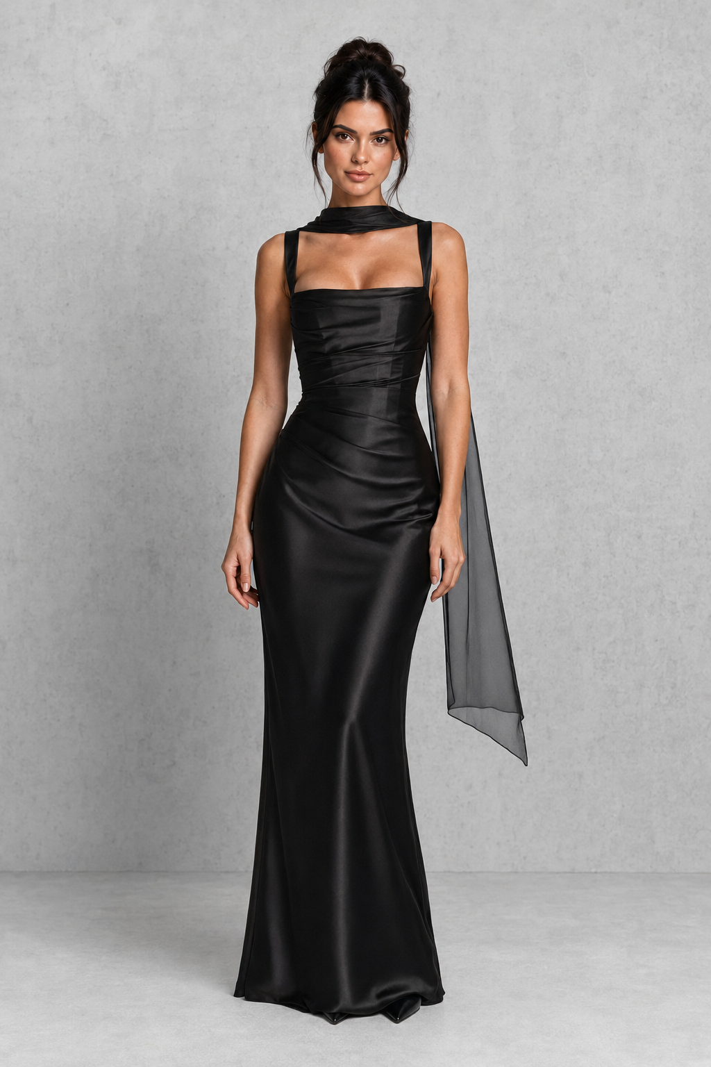 Women's satin maxi dress featuring a structured corset bodice, square neckline, asymmetric pleated detailing, adjustable shoulder straps, and a flowing full-length skirt with a lace-up back, designed for elegant evening events and formal occasions.