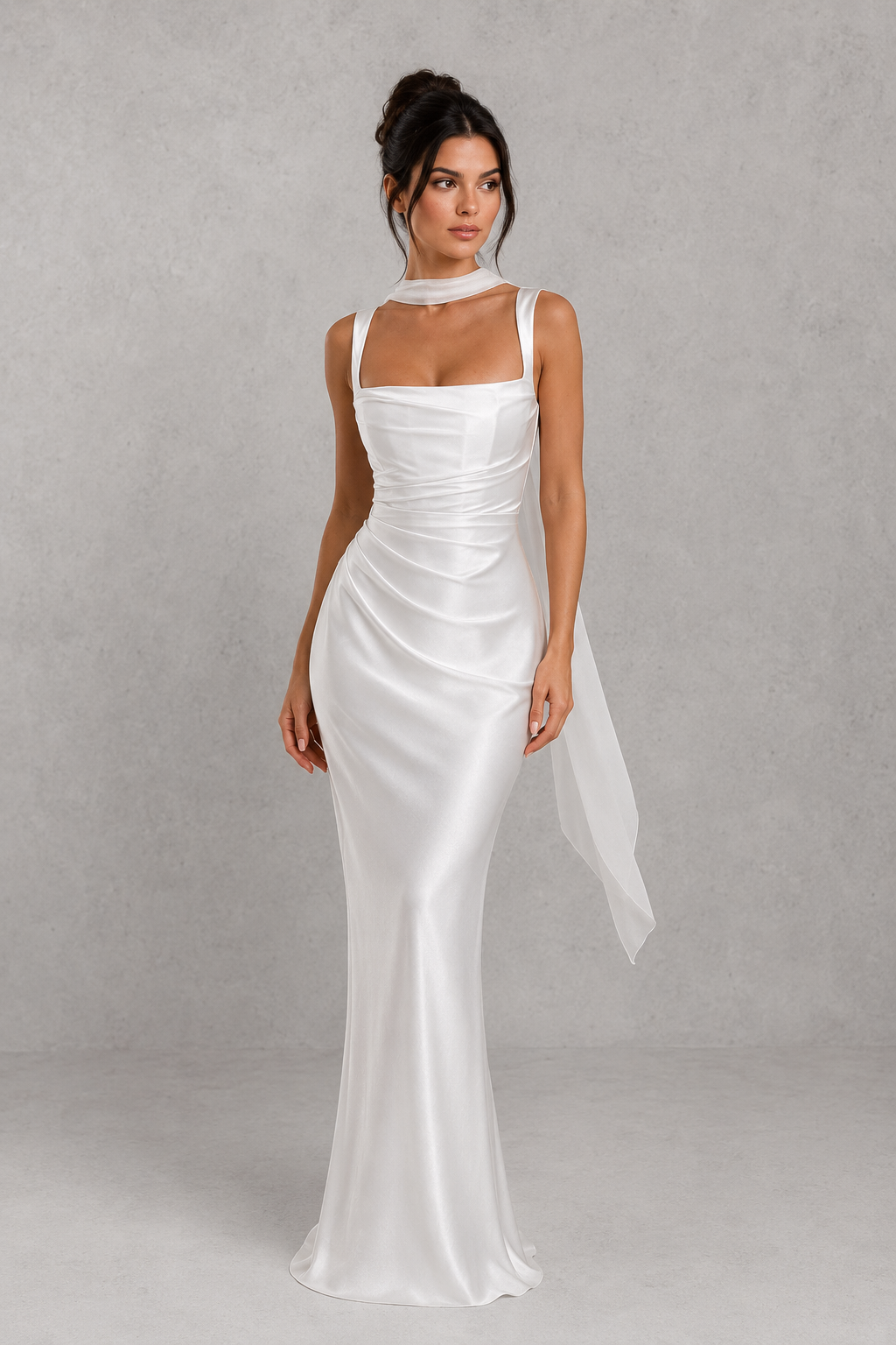 Women's satin maxi dress featuring a structured corset bodice, square neckline, asymmetric pleated detailing, adjustable shoulder straps, and a flowing full-length skirt with a lace-up back, designed for elegant evening events and formal occasions.