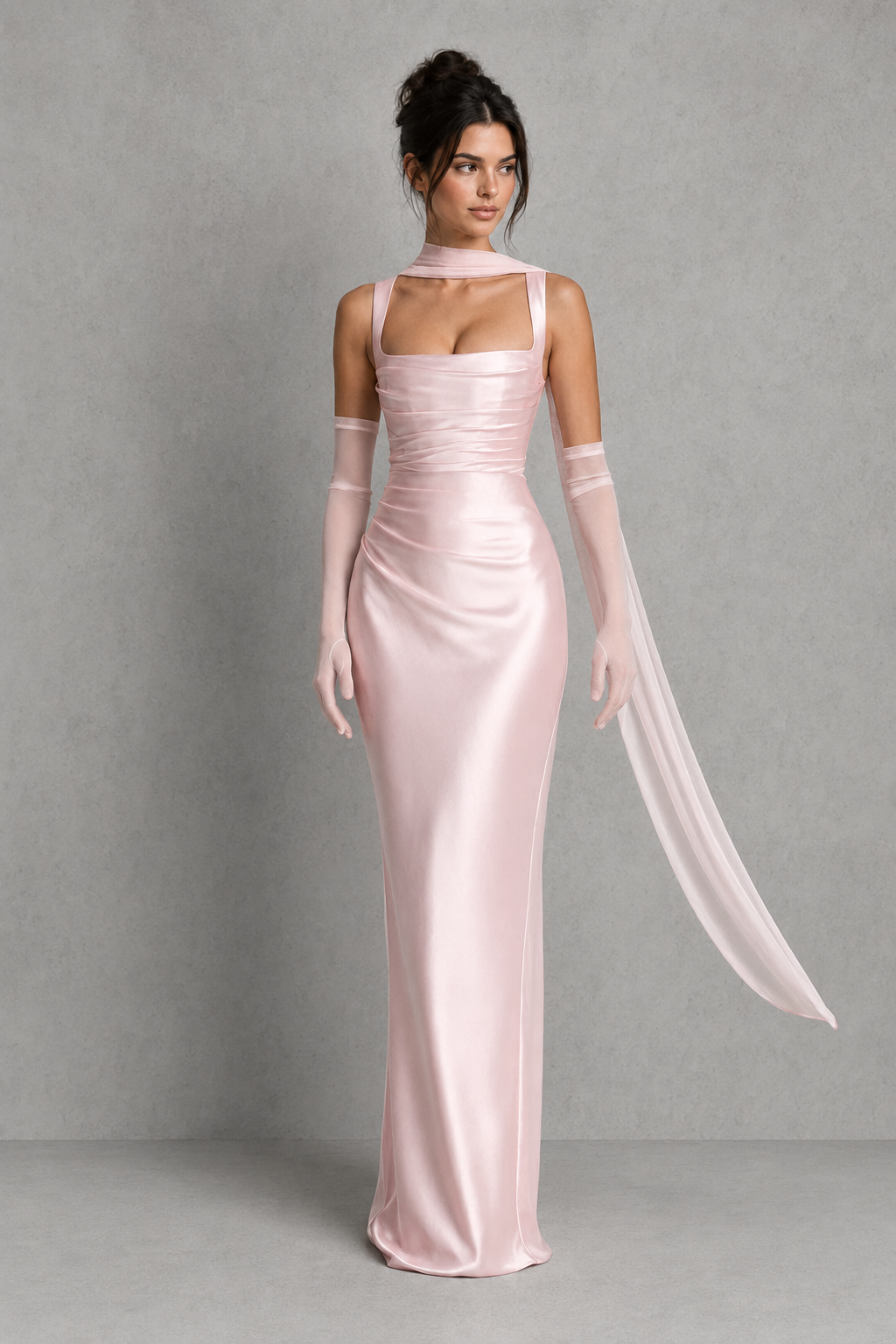 Women's satin maxi dress featuring a structured corset bodice, square neckline, asymmetric pleated detailing, adjustable shoulder straps, and a flowing full-length skirt with a lace-up back, designed for elegant evening events and formal occasions.