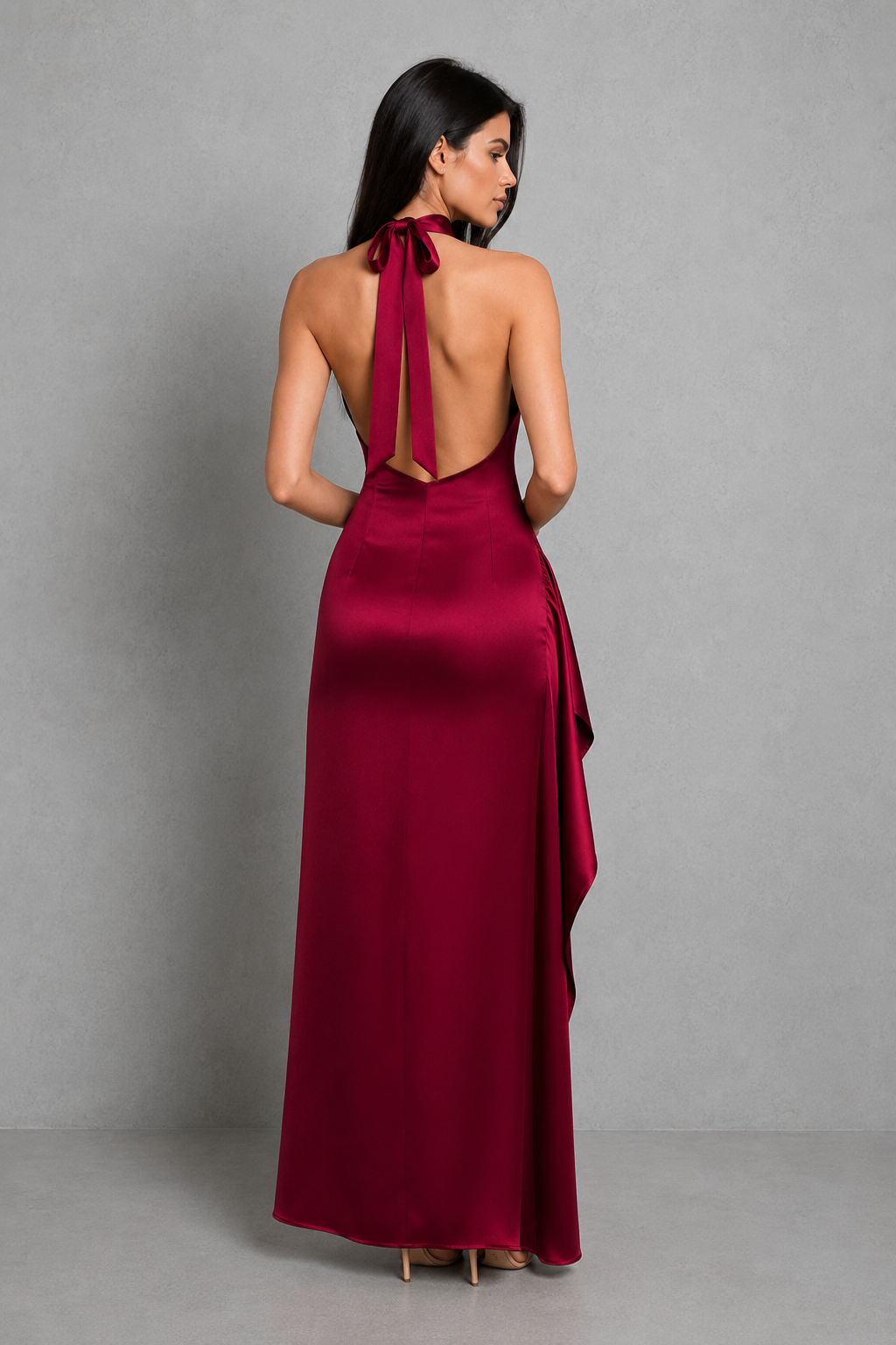 Women's satin maxi dress with a pleated cowl neckline, low scoop back, asymmetric draped detailing, thigh-high split, and fitted silhouette for elegant evening and formal occasions.