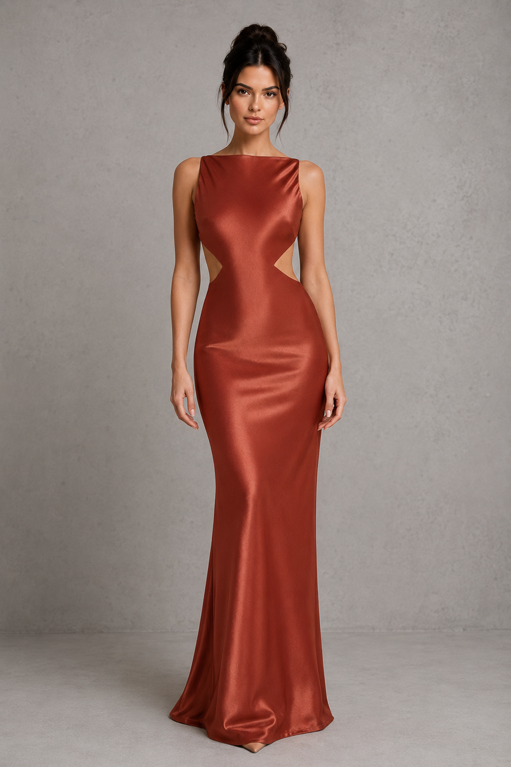 Women's satin maxi dress with a high neckline, elegant open-back detail, and figure-skimming bias-cut silhouette. Crafted from luxurious satin with a fluid drape and subtle sheen, ideal for evening events, formal occasions, weddings, and special celebrations.