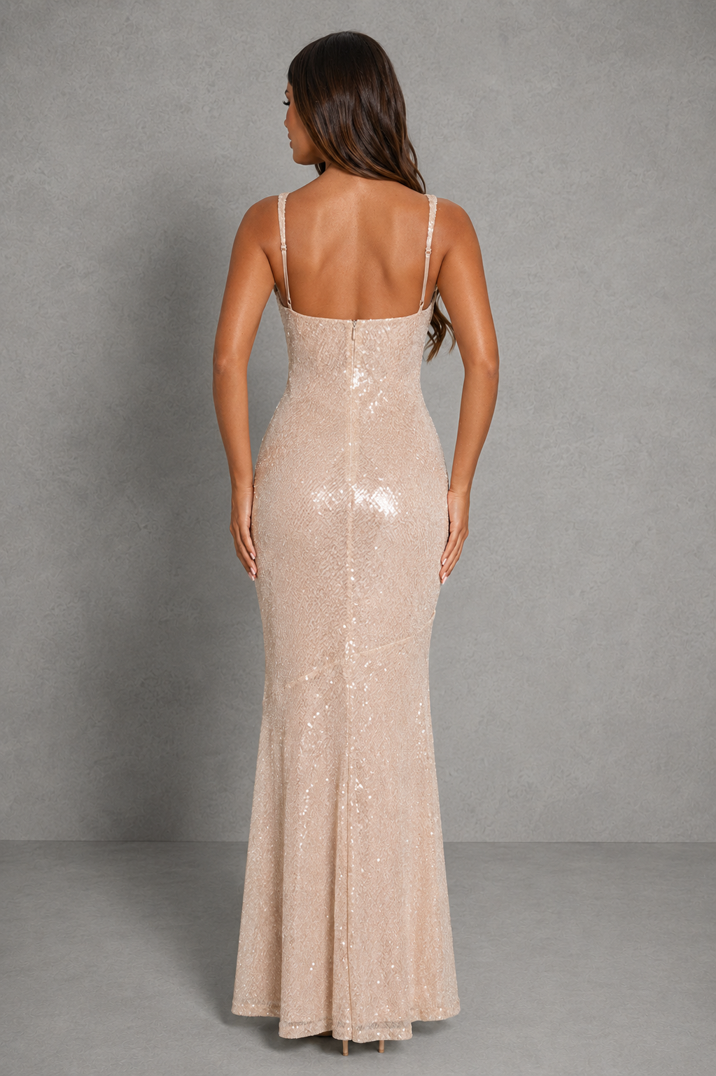 Women's sequin maxi dress with a square neckline, adjustable shoulder straps, shaped underbust seam, scoop back, bias-cut silhouette, and full-length satin-lined design for elegant evening and formal occasions.