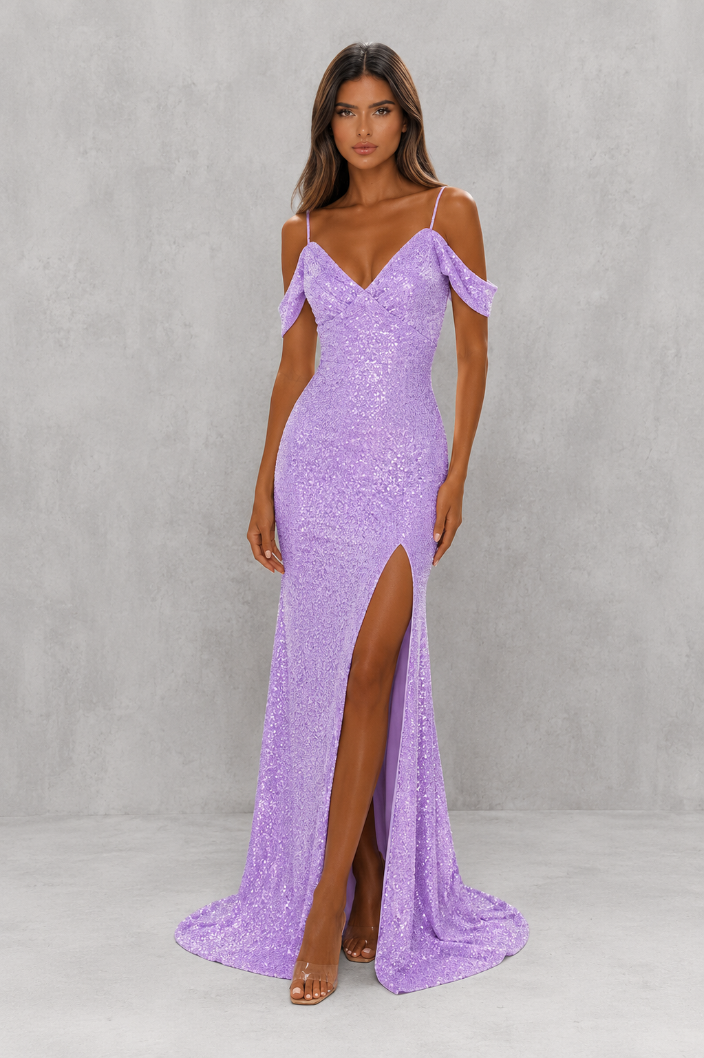 Women’s sequin mermaid maxi dress with a sweetheart neckline, off-shoulder straps, high side slit, fitted silhouette, and sparkling floor-length hem.