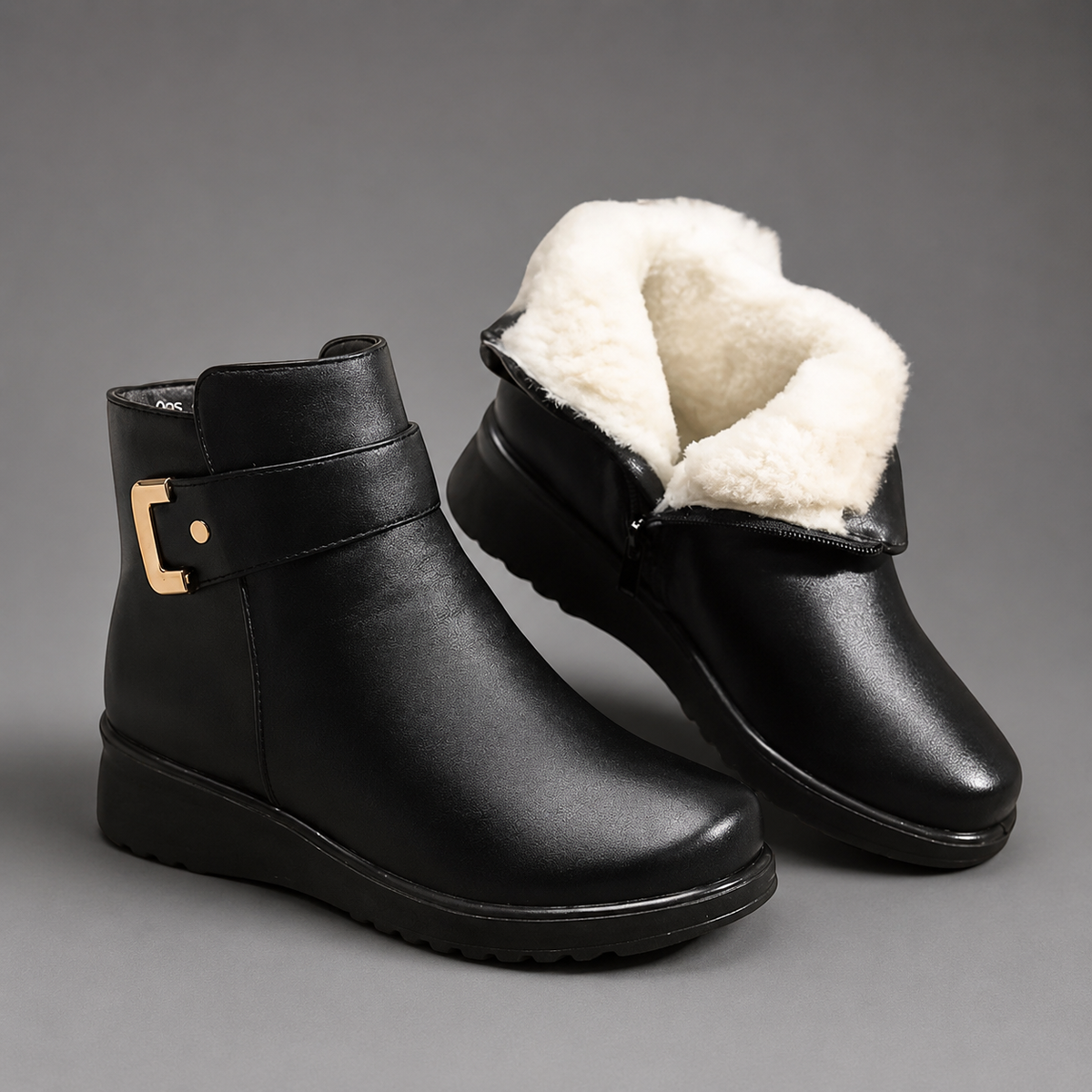 Women’s black leather ankle boots with a genuine leather upper, soft shearling lining, decorative buckle detail and durable rubber outsole.