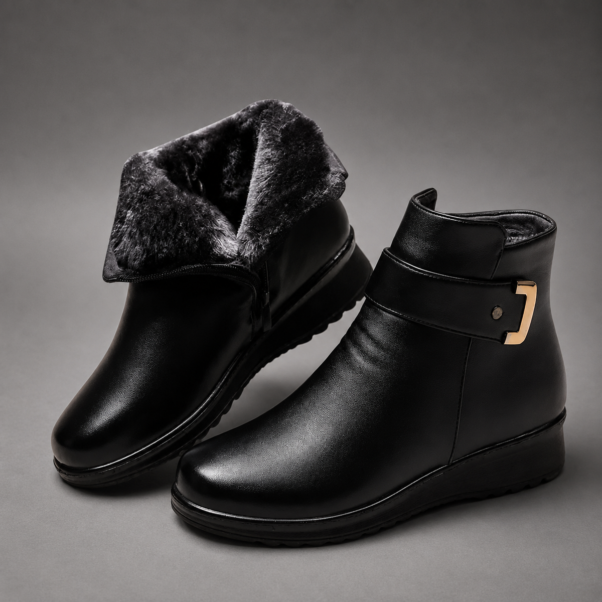 Women’s black leather ankle boots with a genuine leather upper, soft shearling lining, decorative buckle detail and durable rubber outsole.
