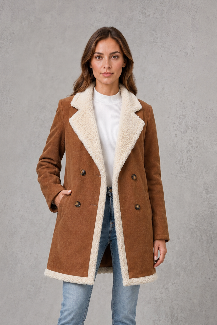 Women’s shearling-lined suede-look coat with a soft textured exterior, plush lining, double-breasted front, and structured tailored silhouette.