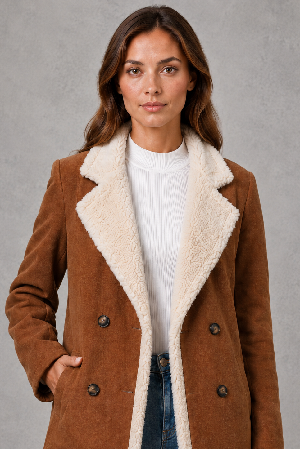 Women’s shearling-lined suede-look coat with a soft textured exterior, plush lining, double-breasted front, and structured tailored silhouette.