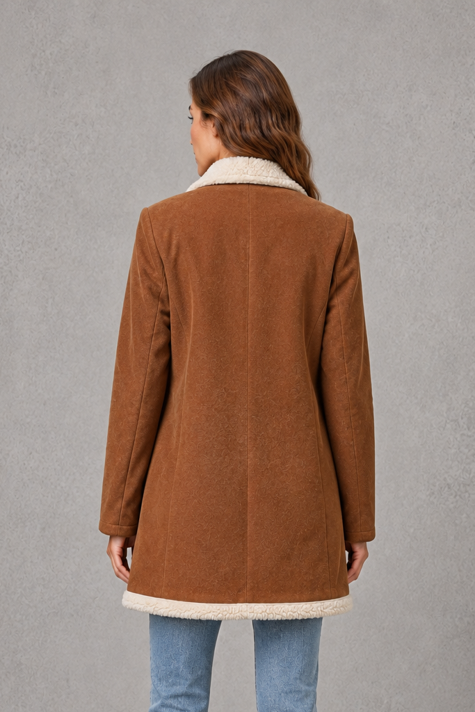 Women’s shearling-lined suede-look coat with a soft textured exterior, plush lining, double-breasted front, and structured tailored silhouette.