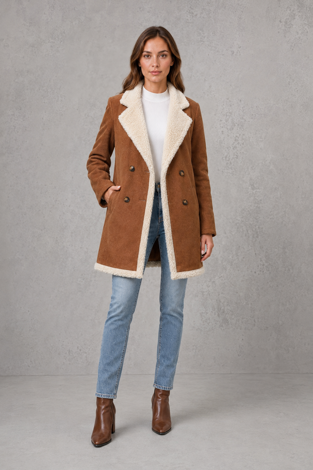 Women’s shearling-lined suede-look coat with a soft textured exterior, plush lining, double-breasted front, and structured tailored silhouette.