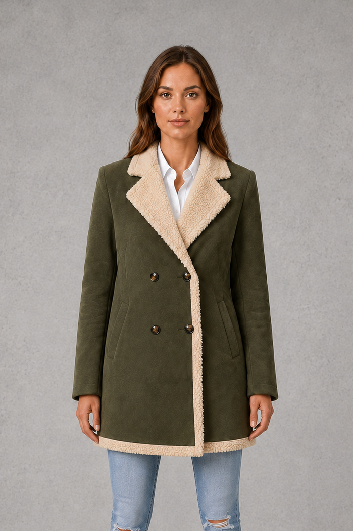 Women’s shearling-lined suede-look coat with a soft textured exterior, plush lining, double-breasted front, and structured tailored silhouette.