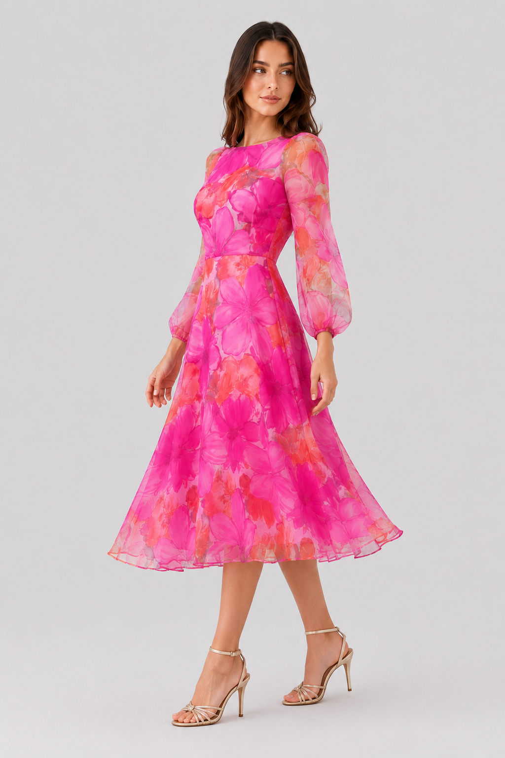 Women’s sheer floral midi dress with an all-over floral print, round neckline, sheer puff sleeves, and a softly flared midi-length skirt. Features a lightweight semi-sheer layered fabric with lining for coverage and an elegant, feminine silhouette.